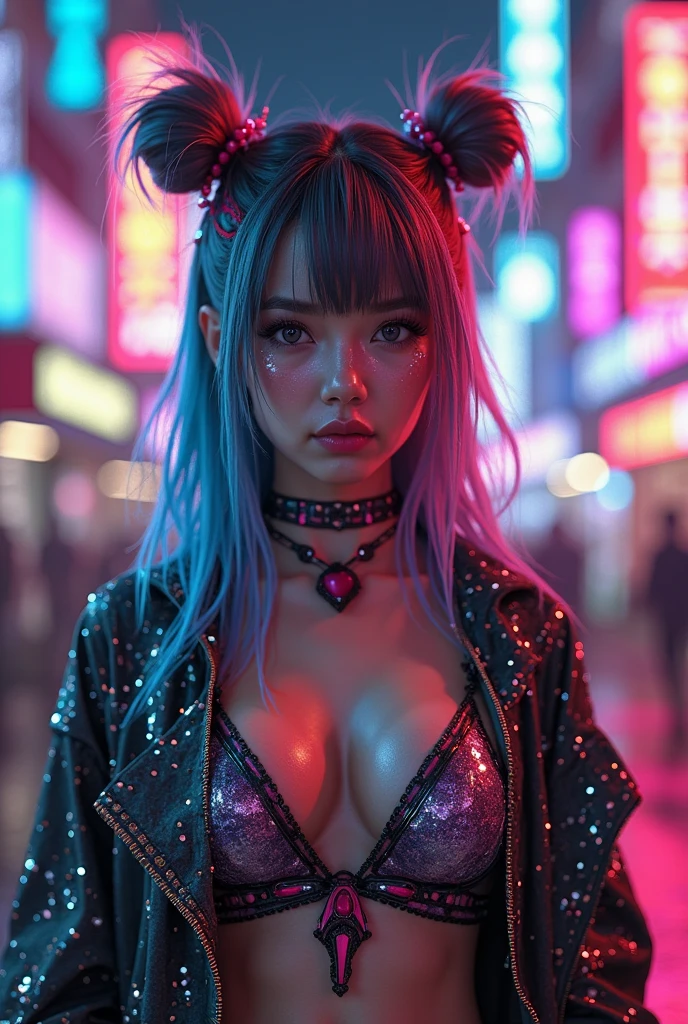 ExtremelyDetailed (Stunning GravureIdol) with Biomechanical HUGE and HEAVY boob, (masterpiece TopQuality RawPhoto Realistic) PerfectLighting (UltraDetailed CommercialPhoto),Detailed Stunning face, (Strapless NEON-bra)(Underboob Sideboob1.2)(Neon-Thongs) NEON-gloves, (PUNIPUNI) Flawless Radiant (PearlSkin) with Transparency, (glowing body:1.4) in dark, ((Studio Dark Background with (Overflowing Dazzling Neon Color Particles:1.36)))(((BokeH))), {(Grabbing Boobs)|(Arms Behind)|Dynamic-pose|((Assfocus)Roundly TinyButts)|(Overflowing Gigantic Cleavage:1.37)}, Braid hair with bun, {(hidden hand:1.4)|(no extra hand:1.4)} .