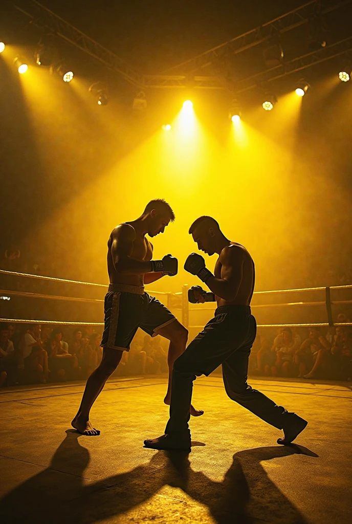Two boxers fighting fiercely in the boxing ring，Full body portrait，Super Fine，Hyperrealism，Ultra-realistic，Depth of Field，OC Renderer，Movie Lighting，very good，Ultra Detailed，complicated，Low angle view，CG art，