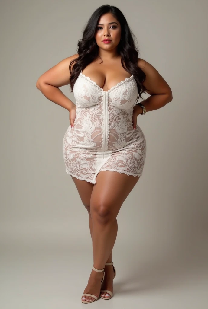 woman, black hair, modern hairstyle, short lace dress, big hips, one leg bent and standing on the other,chubby, looking at the camera, elegant room background