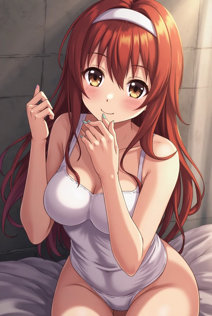 score_9, source_anime, 1girl, orange hair, purple eyes, blush, smirk, half-closed eyes, close-up, upper body, white sundress, huge breasts, hugging own legs, looking at viewer,<lora:Cool_Rance_XL:0.87>