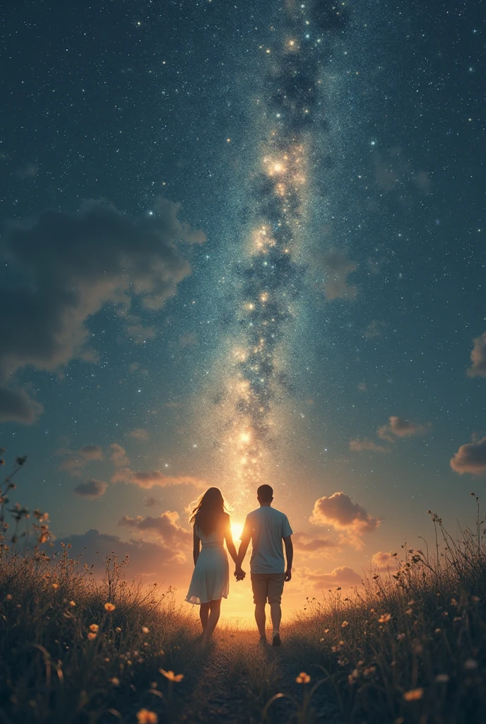 space, milky way, galaxy, stars, happy couple, holding hands, fantasy art