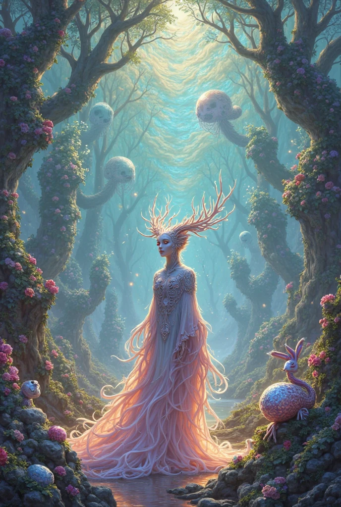 Magic fairy on top of a dragon dreaming, bioluminiscencia, resplandeciente, brillante, Iridiscente, gossamer, Gaseous in a magical world of giant bioluminescent mushrooms