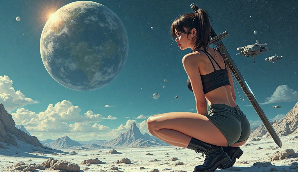 Close up art por Alphonse Mucha, Jae Lee, Moebius, Geof Darrow, Full-body comic portrait of a beautiful slim woman in the distance in a small alien bikini tightly packed into an alien landscape, Pedazos, Antecedentes destacados, Soldado en un paisaje peligroso y premonitorio, mujer lejos, Great science fiction buildings, (((Yoji Shinkawa))) high quality cell shaded illustration in post apocalyptic style by Yoji Shinkawa, azul, Sombreado de celdas, Hair in a bun, Tema Cyberpunk 2077, Kinematic, Epic scale, realistic lighting, tendencias en Artstation, AKIRA, The Last of Us, Dramatic illumination of the moon, colores realistas, Blade runner, a high definition, Crisp Details, 32K/thns Ninguno Lobo, arte conceptual siniestro profesional, Por Artgerm y Greg Rutkowski, un intrincado, elegante, Pintura digital altamente detallada, arte conceptual, Suave, foco nítido, illustration, Al estilo de Simon Stalenhag, Wayne Barlowe, e Igor Kieryluk.