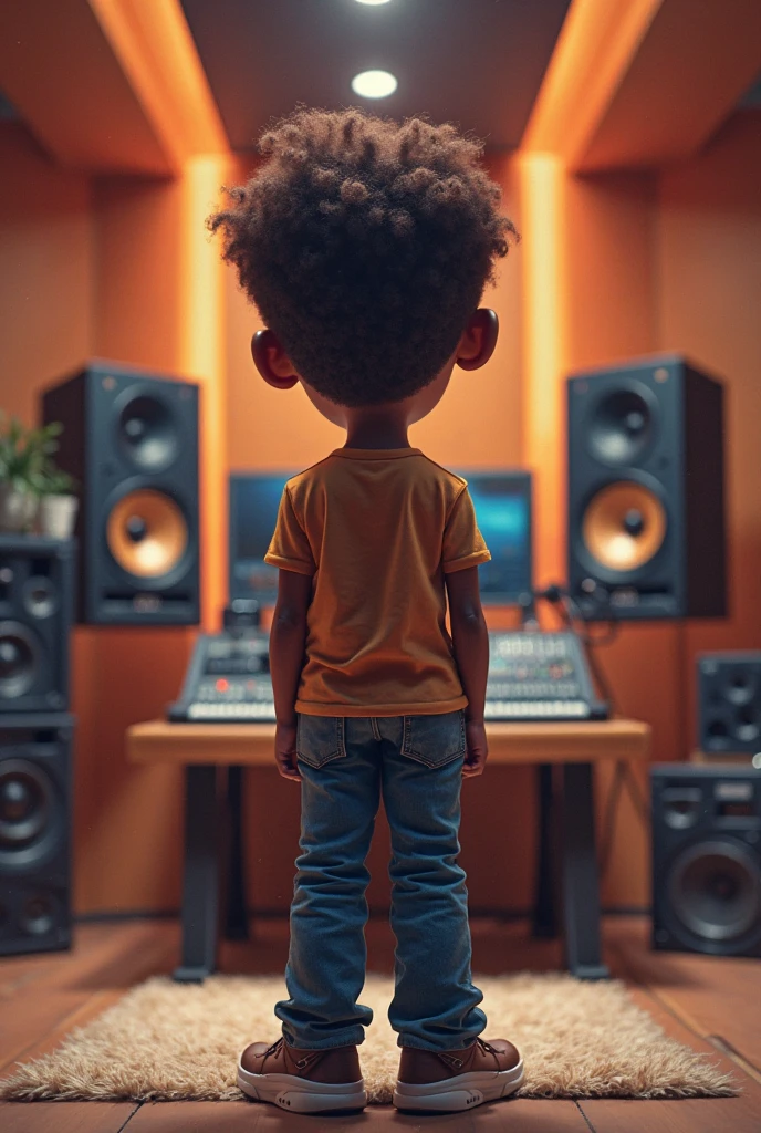 Image of a young brown-skinned boy, seen from COSTA, Inside a recording studio. He is wearing big headphones and is focused, with eyes closed, as if you were singing. The scene is illuminated by soft lights that highlight the modern ambiance of the studio.. The shirt he is wearing has the word 'VINEX' written on the back in large, stylized letters. The surrounding environment is professional and focused, with audio equipment visible in the background, indicating a high-quality studio for recording music