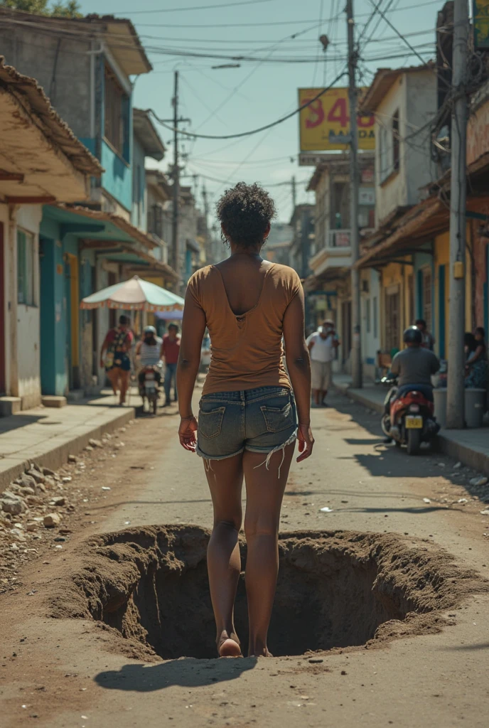 Uglky dwarf Ebony woman , wearing only a t-shirt with horizontal Black and red stripes , no clothes bellow waist, no panties , showing her pubic hair, (( fullbody stand UP view)), tigh legs, drinking a bottle of wine, going Dawn a Staircase in a Slum city of Rio de Janeiro , some shacks around, a Lot of trash on floor,photorealistic