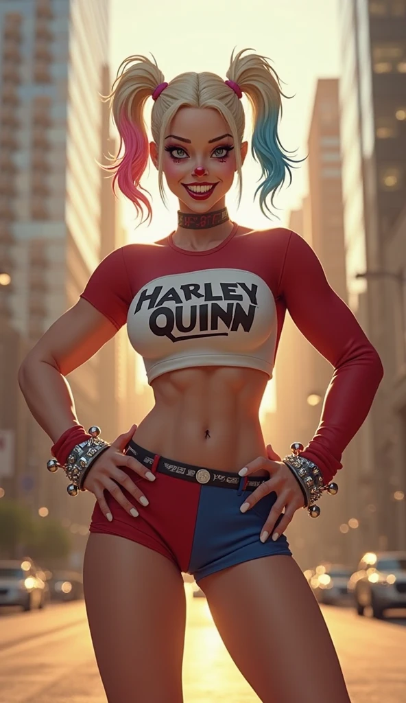 Chica con maquillaje de payaso en la cara, con sonrisa burlona, piel palida totalmente blanca, ojos grandes rasgados color rosa, cejas anchas, large cheekbones, small-nose, mejillas delgadas con hoyuelos, defined jaw, barbilla partida, cabello color verde y morado con trenzas, slim athletic build, cintura delgada, piernas largas, camisa de payaso color amarillo, pantalones de rayas rojas, en escenario de circo