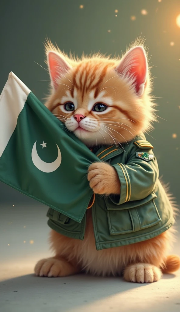 A cat is cutting a cake with a knife with a natural background in Pakistan They are holding a flag in celebration of August 14 of Pakistan. The cat is wearing a green t-shirt, a white jacket, white pants, green shoes and sunglasses.