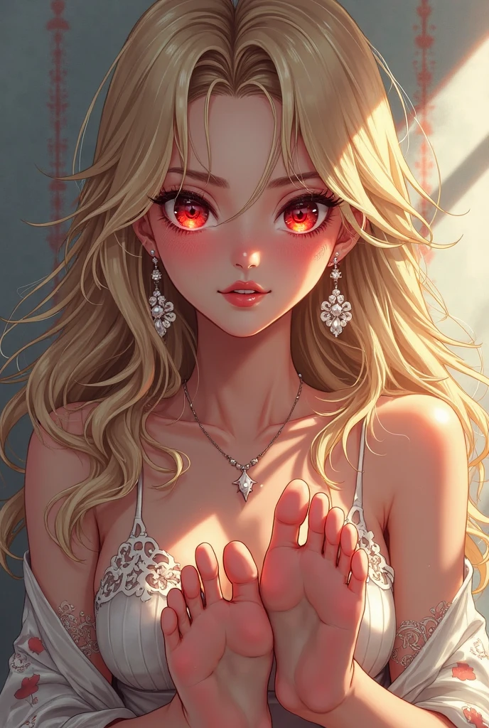 (masterpiece, best quality:1.2), detailed, hdr, cowboy shot, <lora:HazbinHotel_CharlieMorninstar:0.8>, Charlie, looking at viewer,  colored skin, blush stickers, red eyes, colored sclera, long hair, wearing deep_v-neck_dress , red dress, <lora:deep_v-neck_dress:0.6>, sits on bed,  <lora:LowRA:0.4>