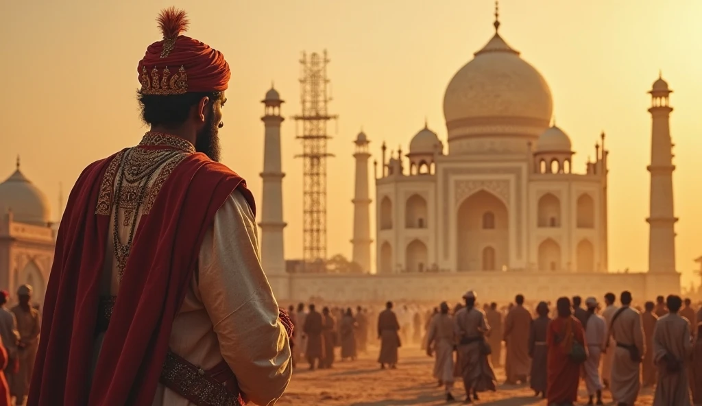 A majestic portrait of Emperor Akbar looking over a modern cityscape from a historical monument, as if watching over the people. The city below should show people of different faiths living and working together in harmony, symbolizing Akbar's enduring legacy. The sky above could have a soft golden hue, representing the inspiration drawn from his vision