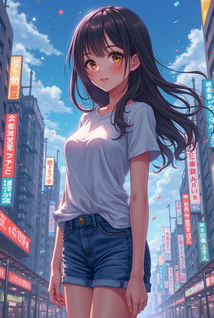 ((masterpiece,Highest quality;1.3,best illustration)),cowboy shot,1woman、25 year old beauty、solo,((very small head:1.5)),dark brown hair,long hair,bangs,brown eyes,gorgeous eyes,blush,smile,small breasts,((very long body:1.3)),((toned body,slender body,skinny)),gleaming skin,shiny skin,oily skin,(Black zip-up hoodie outer jacket、White T-shirt、denim micro shorts)、Black rucksack、on street,Tokyo,