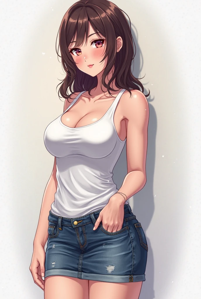 Anime Woman with a big body and casual clothes medium length black hair and blue eyes.