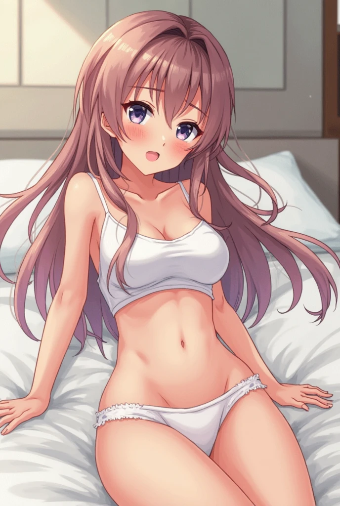masterpiece, beautiful illustrations, highest quality, high-detailed, pretty girl, 1girl, Bedroom, pastel colour, (two-separated lingerie), cute lingerie, reddish brown long hair, headband, bright lighting, presenting, looking at viewer, on bed, embarrassed