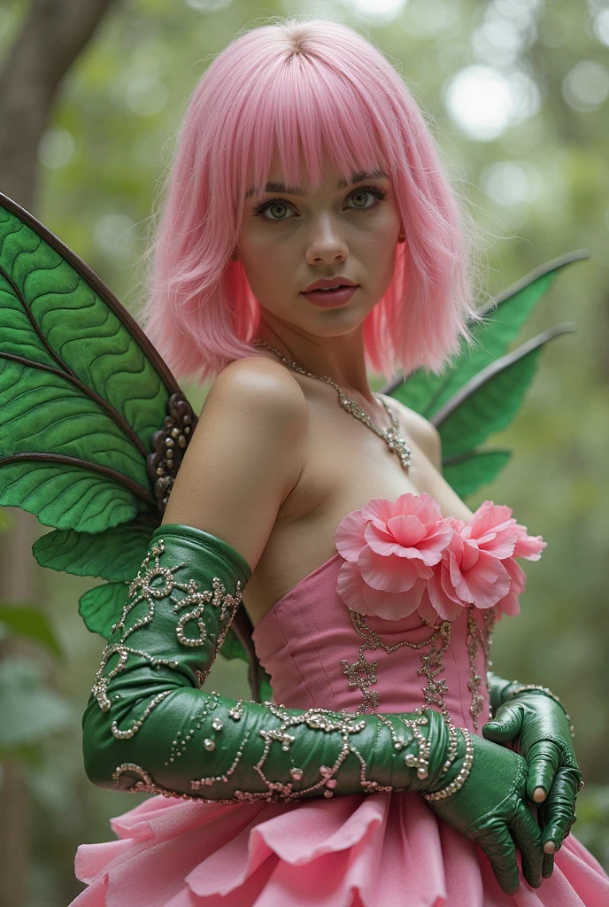 A fairy woman with dragonfly wings, with lush pink hair, dressed in a black corset and a short black skirt, Red high boots on his feet, Silver bracelets on his arms, Blue eyes, Offended, full height, In the forest, sitting on a branch