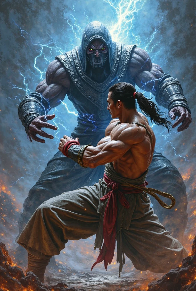 1homem ((Shang Tsung is a character in the Mortal Kombat fighting game series, Their powers include transforming into other combatants and absorbing the souls of opponents)), in a battlefield setting in the middle of an industrial shed, (Autorretrato com zoom aproximado:1.2), 24 mm, (((foco nítido:1.5))), (((profundidade de nitidez:1.5))), (fotorrealista:1.5), (textura da pele:1), cinemactic, hiperdetalhado,