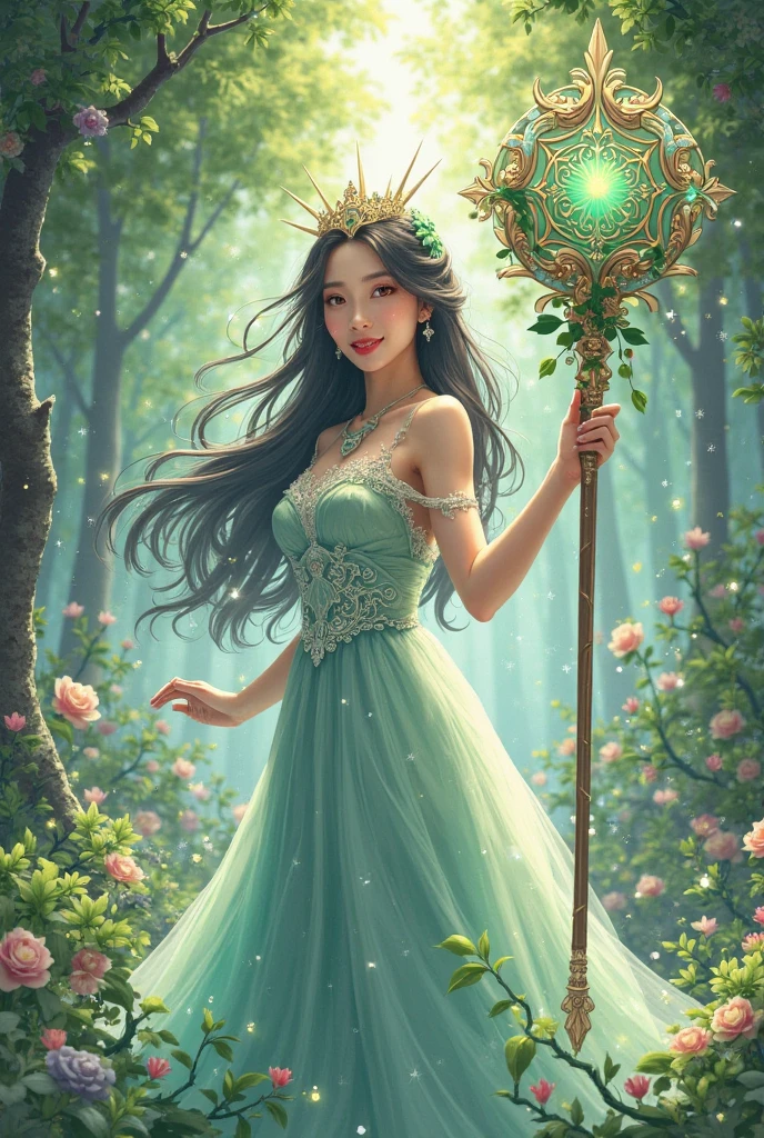 (medium full shot) of (enchanting fairy) young woman, Medium build, silver eyes, thai, light brown skin, dark green long flowing hair with floral accents, wearing a flowing tunic adorned with leaves,satin pants with delicate embroidery, delicate sandals with fairy dust, translucent butterfly wings, subtle blush with a shimmer,holding a magical wand adorned with gemstones moonstone earrings, set in astral grove where the planets align in perfect harmony and the air is filled with the hum of cosmic energy , under the moonlight, woman smiling, detailed face, ,Masterpiece,best quality, photo, realistic, very aesthetic