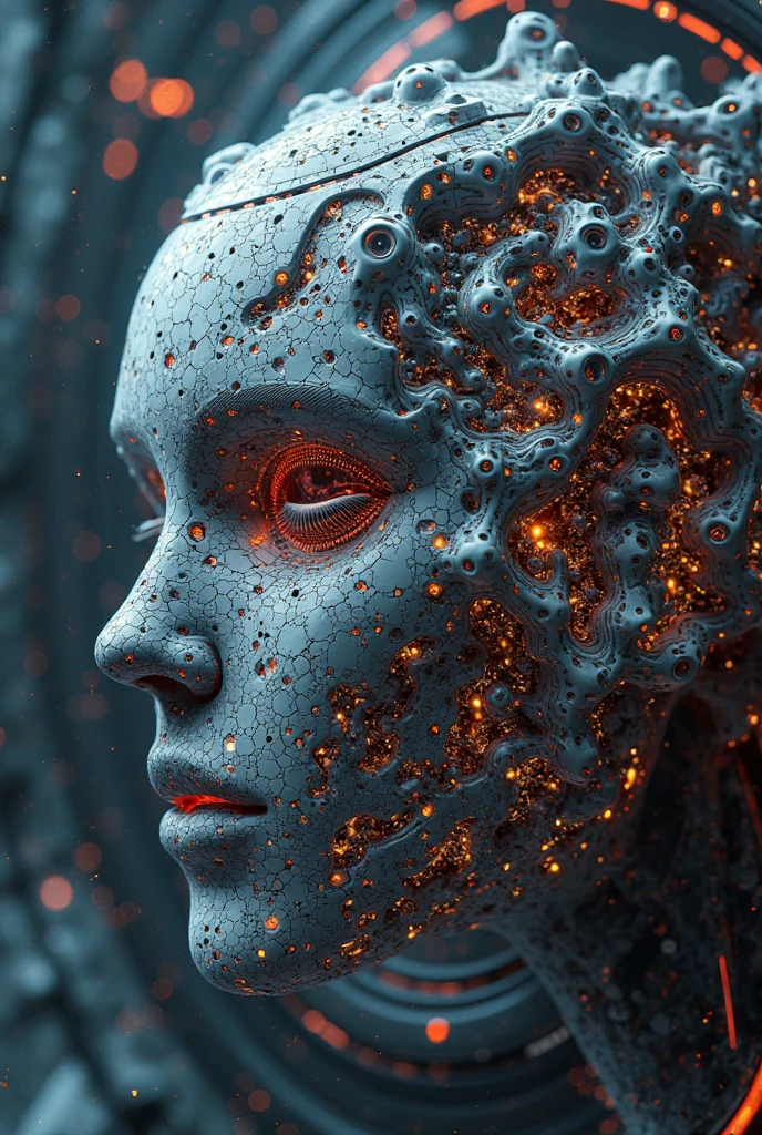 Breathtaking art in the style of Boris Vallejo, a humanoid android with transparent panels revealing intricate circuitry, relic of an ancient civilization emitting a soft glow, bold red light dominates the scene. <lora:ral-dissolve-sdxl:1>, (HDR, High Dynamic Range, vibrant colors, high contrast, detailed, UltraHD, 8K, cinematic, 80mm, high detail)