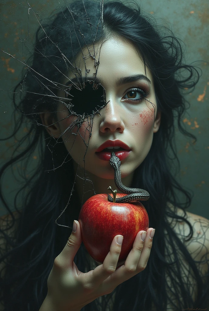 "Imagine an incredibly beautiful woman with fair skin and long black hair, her face bare of makeup. Her expression is a disturbing blend of sinister and twisted affection, reflecting a deep sense of nihilism and romantic despair. The image is dark and photographic, filled with deep shadows that intensify the menacing atmosphere. She is holding a bitten apple, with a serpent tightly coiled around her hand. Behind her, a male figure emerges. His face is grotesque and terrifying, partially obscured by darkness, with only glimpses of his disfigured features visible through the shadows."