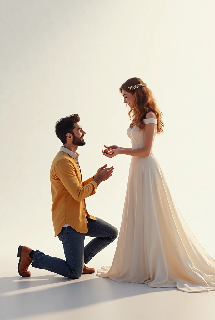 A wedding couple, man kneeling, woman in long dress, no back ground, drawning