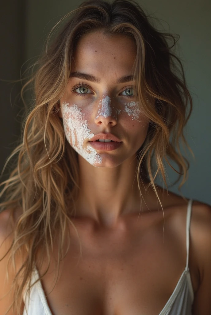 The photograph shows a model, flour-coated, creating an impressive contrast on the skin. The light texture of the flour emphasizes body shapes, creating an artistic and sensual image. The overall tone of the photo is soft and elegant, with an emphasis on details and the play of light and shadow.