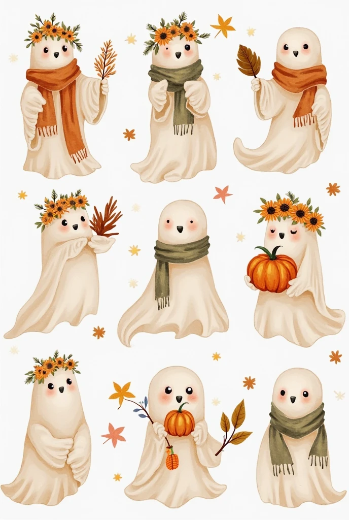 Three smiling ghosts,Wear a white hat,Holding orange pumpkin,The ground is covered with fallen autumn leaves,Autumn Texture,White background,Dotted with orange and brown。Warm tones of orange and brown,It gives a softness、Simple feeling。Hand drawn watercolor illustration。The picture quality is clear,color