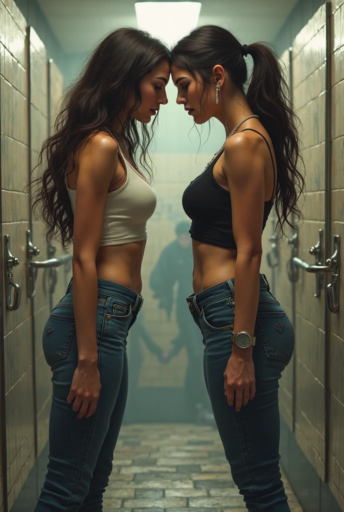 (best quality,4k,8k,highres,masterpiece:1.2),ultra-detailed, two female students kneeling on a bed , bending forward, sensual lips open ready to kiss each other, blush, perfect body, firm bosoms, a brunette student and a blonde  student, both wearing shorts and cami-tops, free midriff, HDR, 8k, absurdres, cinestill 800, glutes focus, back view