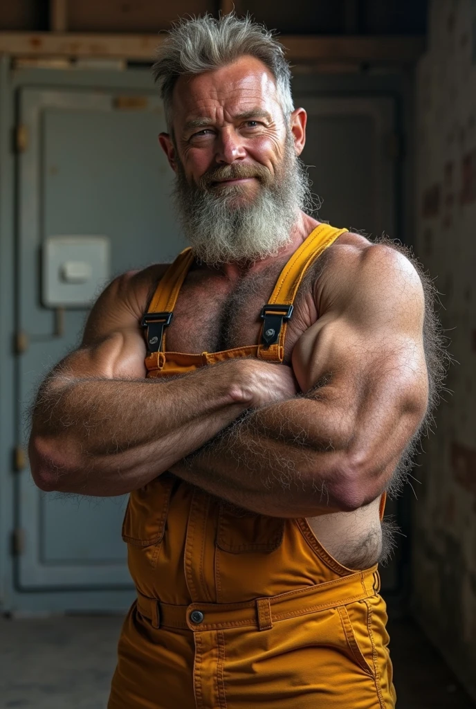 (handsome mature man), (50 yo), white man, wearing a blue pro wrestling singlet(leotard), spandex singlet, (beefy:1.3), leotard, hairy chest, in a wrestling ring, looking at viewer, beautiful man, detailed eyes, symmetric face, smirk, robust, greying hair, mustache, smile, sweaty body, (full body shot:1.7), nice bulge, nicebulge,