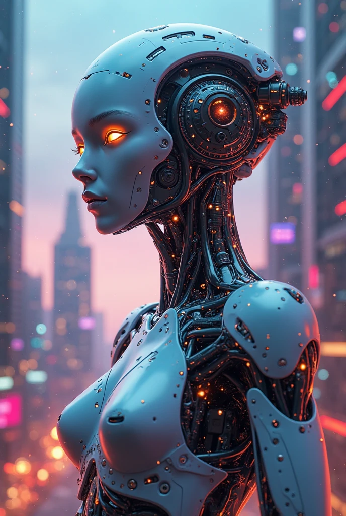 A meticulously detailed, hyper-realistic photo of a futuristic, cyberpunk-style portrait of a humanoid figure, likely an advanced android or cyborg. The figure dominates the foreground, shown in a striking profile from the shoulders up, revealing its sleek and sophisticated design. The background features a cityscape with towering skyscrapers, transitioning from deep blue twilight to golden hues near the horizon.

The body of this futuristic being is crafted from smooth, metallic surfaces primarily in deep, lustrous blue, with reflective areas that catch and play with hints of orange and white light. The form is distinctly feminine, with elegant, curved lines emphasizing its graceful yet powerful presence. The head is particularly captivating, featuring delicate and feminine features with otherworldly beauty and glowing red eyes that emit a soft, hypnot