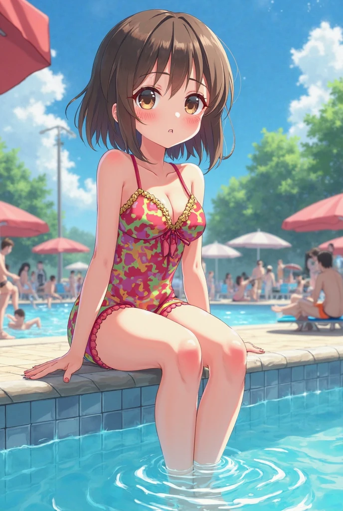 ((Masterpiece)), ((best quality)), (Anime:1.5), (RAW photo:1.2), (High Definition:1.3), (Professional Photography:1.3), ((12 years old)), 1girl, cute teenage girl, (naughty smile), (Glossy lips), upper body, (cute bikini top), (swept bangs), low ponytail, ((loose boxer shorts)), pale brown hair, small breast, cute hips, barefoot, BREAK, ((best quality)), (lens flare), (mist effect:1.3), ((kneeling on the beautiful shallow canal)), (sexy pose:1.4),