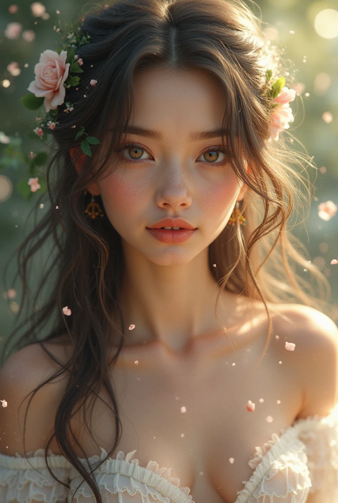 (((medium full shot))), (Masterpiece, photorealistic, photorealism, best quality, ultra-detailed:1.3), (nice hands, perfect hands), official art, cinematic light, (1girl:1.3), adult, solo, long hair, breasts, blush, blue eyes, black hair, hair ornament, dress, cleavage, bare shoulders, medium breasts, flower, hair flower, from side, tree, lips, profile, night, glowing, floral print, nature, forest, realistic. Discover a stunning digital painting of a mysterious forest woman with intricate details, surreal elements, and a perfect balance of colors. The artwork showcases amazing depth and photorealism, capturing a fantasy world with ethereal beauty and intricate patterns.