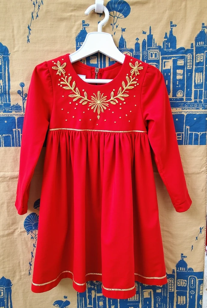 A child dressed in a red dress with long sleeves and white lace, happy, glad. Full body white background