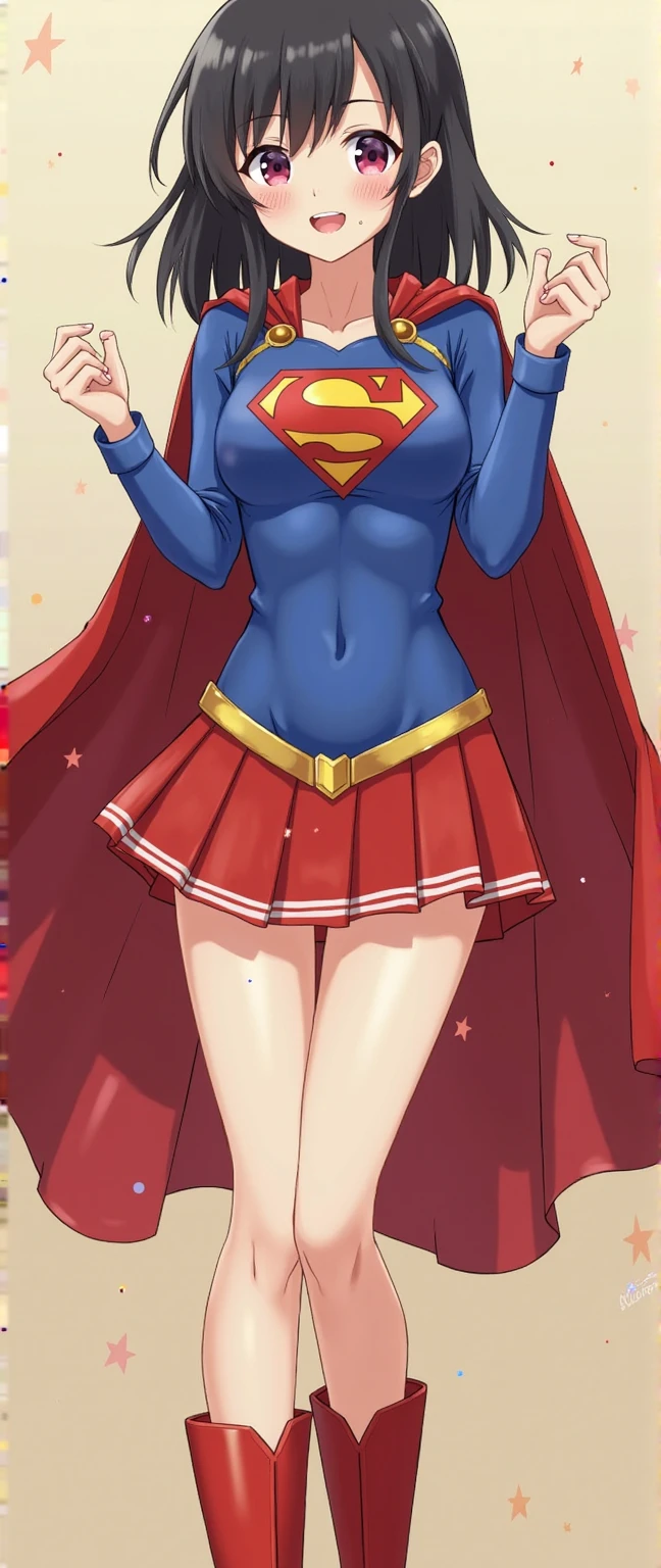 (full body), (masterpiece:1.2), (Highest_quality:1.2), (Ultra_detailed:1.3), 8k,Low - Angle，From below，Big Butt Girl, Medium chest, Pose in front,Bare legs，Red Boots，3D Rendering,( Supergirl)，laura bodewig, long hair, (red eyes:1.3), grey hair, eyepatch,Red Skirt，the skirt is short,，A blue leotard is visible under the skirt.，The skirt is blown up by the wind，Red Cape，Gloves，Simple Background，White Background，