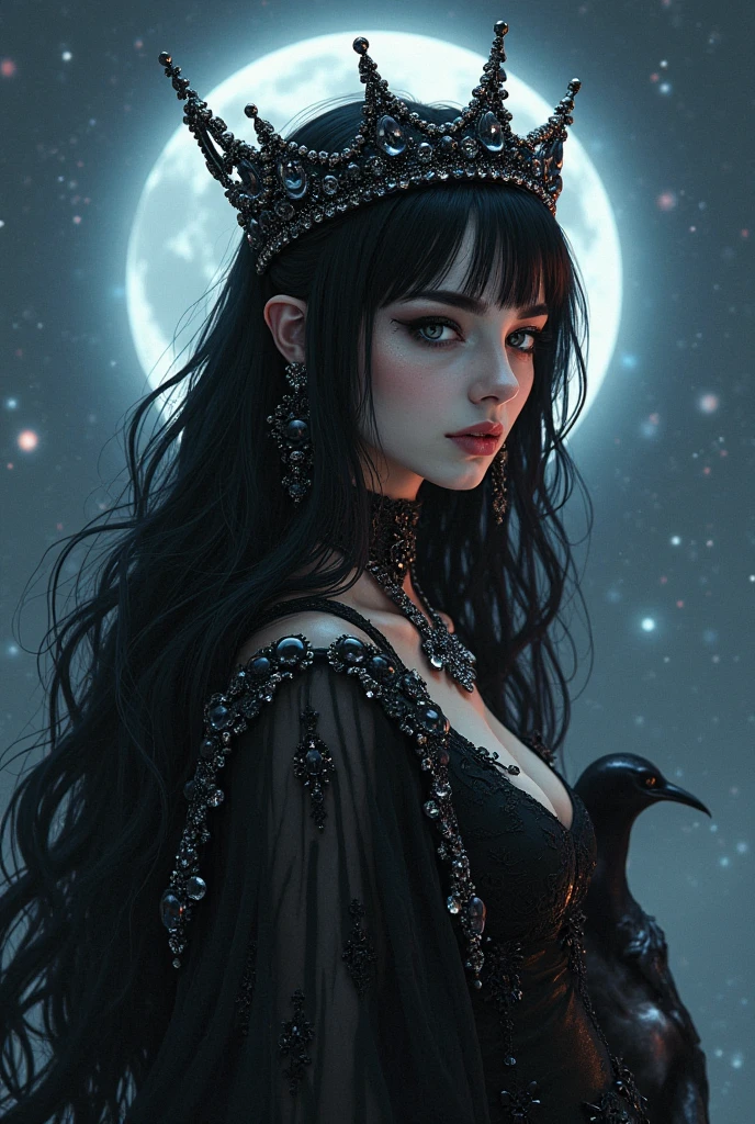"Masterpiece, high quality, ultra detailed in 4k, 8k, high resolution, hyper-realistic photo, hyper-detailed, realistic skin texture, amazing shadows, highly detailed background, extremely detailed texture, perfect lighting" a woman (Queen) wearing an elegant Black Dress, dark long hair, outlined face, a moonlit night, full moon,