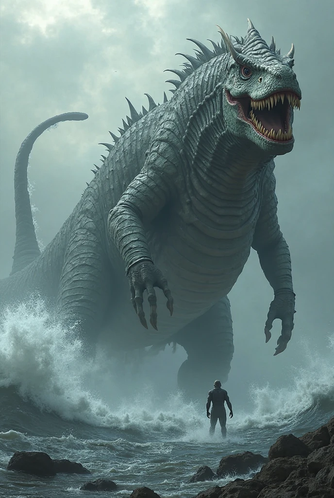 (Best quality, 8k, 32k, Masterpiece, UHD:1.2) "Depict a dramatic scene where Godzilla is emerging from a turbulent river, with water splashing violently around his enormous form. His massive, scaly body is covered in detailed reptilian textures, reflecting the natural ruggedness of a prehistoric creature. His eyes glow a menacing red, piercing through the chaos as he rises from the depths. The surrounding environment is in disarray, with waves crashing against the riverbanks and debris being swept away by the force of his emergence. The atmosphere is one of impending calamity, with dark clouds overhead and the distant sound of destruction echoing in the background. Capture the sheer size and power of Godzilla as he towers over the landscape, exuding an aura of unstoppable destruction." ((splashing waves)) ((waves))