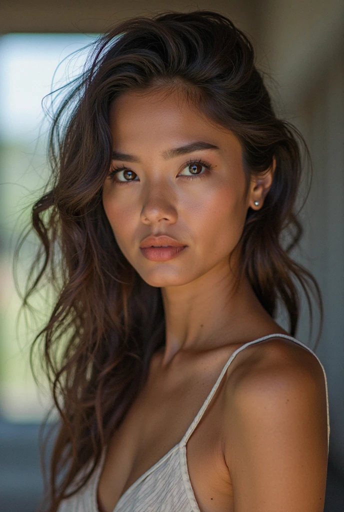 photorealistic portrait porno of a 21-year-old colombian girl with long, flowing dark hair and striking dark eyes. She should have a natural, approachable expression and be illuminated by soft, golden-hour sunlight. The background should be a scenic outdoor setting, perhaps a sunlit park or beach. Capture this image with a high-resolution photograph using an 85mm lens for a flattering perspective.