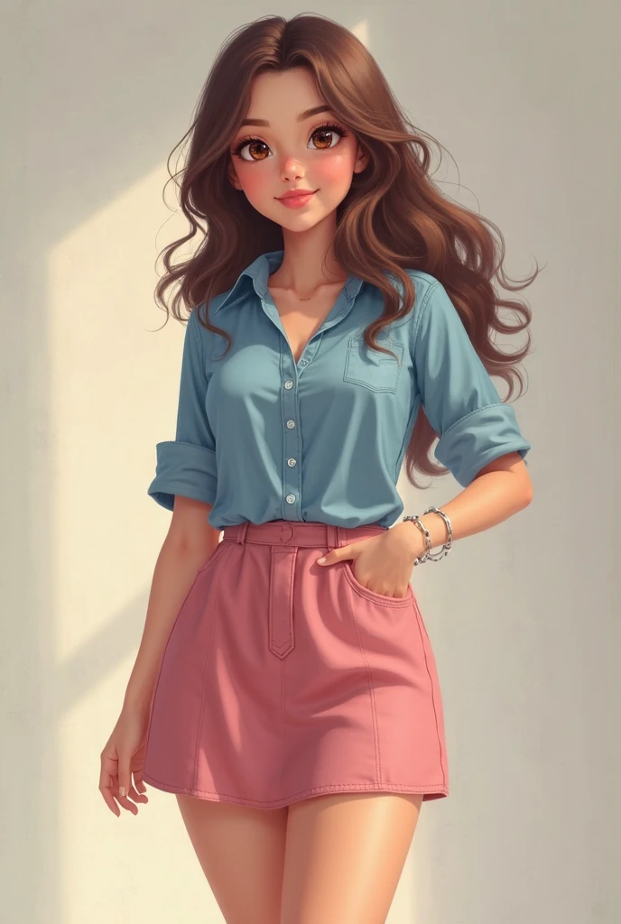 uma pintura de uma mulher de bermuda rosa e camisa branca, pintura realista da menina bonito, por Ni Tian, por Li Song, menina de cabelo comprido, fotorrealista!!!!!!! estilo de arte, estilo artgerm, pintura de bonito, pintura digital bonita, modelo bonito da menina, pintura de personagem bonita, Beautiful digital illustration, menina com cabelo longo, a beautiful artwork illustration