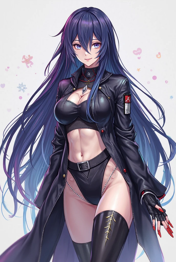 1girl, white background, red eyes, long hair, purple hair, bangs, jacket, crop top, mini skirt, large breasts, cleavage, soft stomach