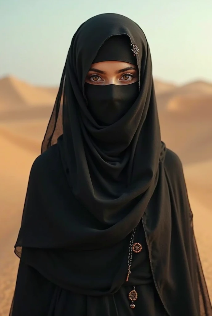 A arabian girl with nekab balck and side gold and big eyes’ in desert moonnigth’ brigth clouds’ sky