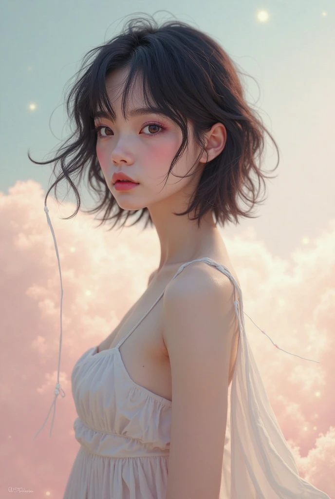 masterpiece, best quality, movie still, 1girl, floating in the sky, cloud girl, cloud, (close-up:1.1), bright, happy, fun, soft lighting, (Bauhaus, shapes, lines, abstract:1.1)