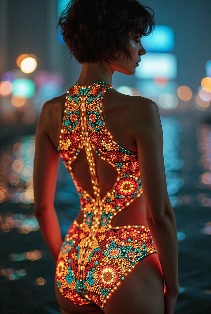 (masterpiece, Highest quality), 8k,(((Very detailed))), Race:1.8, Super intricate Race pattern, colorful Race pattern, Glowing stained glass transparent body, Mandala,light up, 1 female, Open Back, , Japanese, Photo of Lee Jae,, sultry body with セクシー belly, Sexy girl, Young sensual elegance, Sexy body, Sexy look, Very Short Hair、Shooting at a port with a beautiful night view、 Intelligent face、Narrow waist、Large Breasts、Smile a little、EOS 50mm F2, Blur the background、Lighting the face、whole body、See-through sexy swimsuit、Looking into the distance、