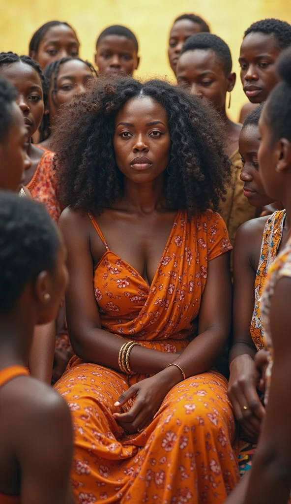  Sri Lankan woman in bardot short frock. Orange color frock. full body photo. waist is bit stocky. Big bosom. Sitting on chair. Sitting towards the camera.  Thighs slightly wide. barefoot. High chair. 6 friends. appealing faces.
