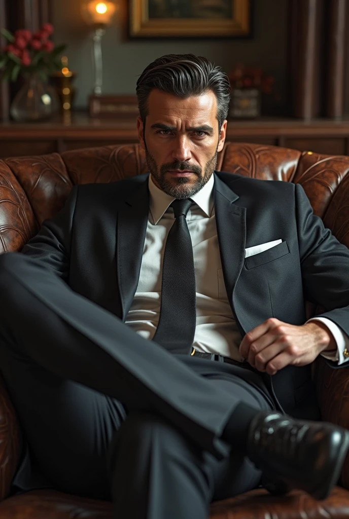 ((meio corpo)) RAW photo Ceo man sitting in an office chair, vestindo terno preto, (Usando barba escura) Cena do filme, (impeccable) ,Serious and elegante man, , com sobrancelhas masculinas grossas, (with a mysterious and serious face,) cabelo escuro curto, imagem de fundo preto escuro, elegante, ( imagem realista e de alta qualidade), ((melhor qualidade, 8K, obra de arte)