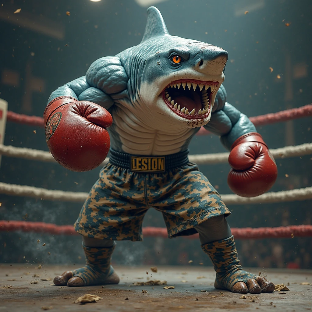 A gritty and intense cinematic illustration of a high-stakes boxing match in a dimly lit, blood-spattered ring. DC Comics' towering, hyper-detailed, and muscular King Shark, Nanaue, huge head, stands victorious, his humanoid shark form glistening with sweat and covered in the remains of the grueling fight. His prominent belly, wide muscular arms, and sharp teeth are highlighted by the harsh light of the ring. The background is a chaotic scene, with debris from the battle scattered around the ring, and the air filled with the heavy breathing of King Shark. His fierce and formidable fighter personality is palpable in this triumphant moment. Realistic style, cinematic, photo