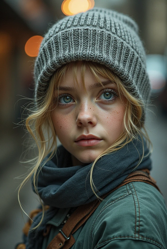 high angles , of a young European teenager of , long, slightly curly silver-white hair, tied in a ponytail, turquoise blue eyes, no make-up. average and athletic build, 1m72, she is wearing winter street wear clothes,expression of joy, she is on the metro platform,