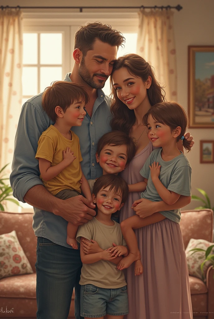 With AI make a photo of two people with features of Henry Cavill and Negin Mirsalehi she has brown hair. And with their children, a three-year-old boy with black hair down to his forehead, celebrating his birthday, and also with a one-year-old female child, A baby, let the age difference be seen