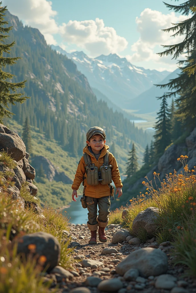 Create UHD photorealistic realistic image, no animation, no 3D image, no Pixar style. A 36-month-old French boy with light brown hair and blue eyes, dressed in rugged outdoor clothes. He is standing on a rocky path in a forest, holding a walking stick, with a determined look on his face. The background shows towering pine trees and a distant mountain range. Captured with a Sony Alpha 7R IV, 70-200mm lens, f/2.8, using natural sunlight filtered through the trees. His five fingers are perfectly visible, creating a realistic image for a family album.