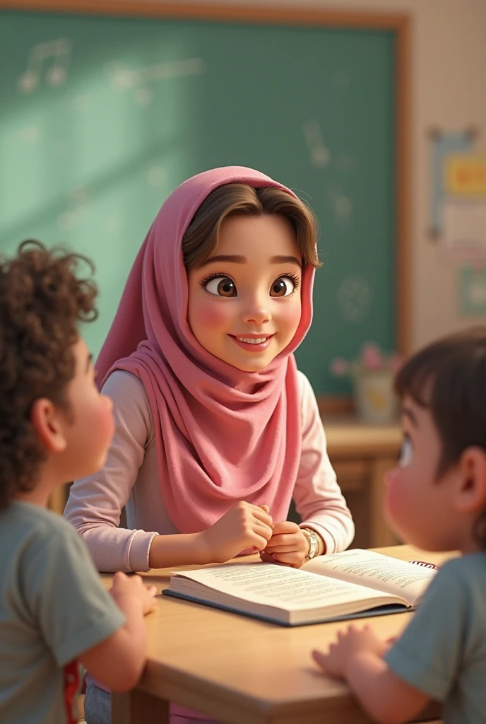 a beautiful woman with hijab she is a teacher, in beautiful classroom, beatiful european face, green eyes, white skin, we can see her arm, smiling, Pixar style, wide-angle