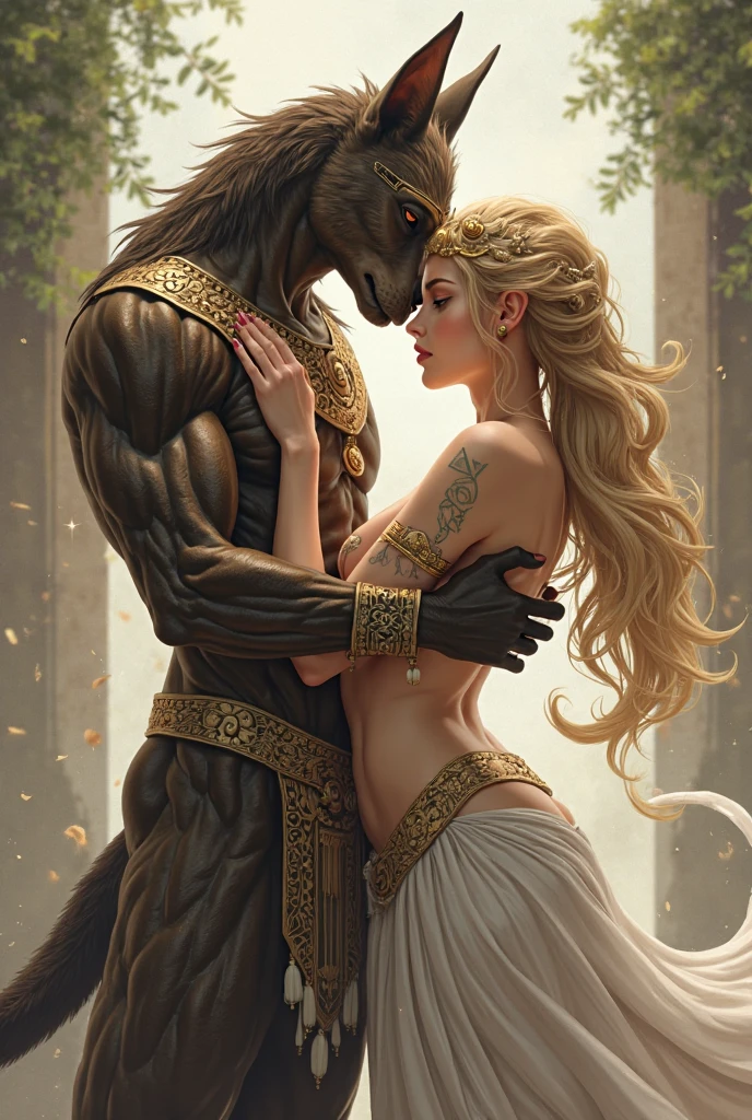 A centaur, strong and muscular, holds a beautiful woman in his arms as they dance by a river. The woman, with flowing hair and a look of passion in her eyes, leans into the centaur's embrace. The setting sun casts a warm glow on the scene. [Fantasy art, in the style of Boris Vallejo], [Lens: 35mm, Aperture: f/2.8, ISO: 100, Lighting: warm and soft, Color Palette: warm browns, golds, and blues, Background: a hazy sunset with a river and rocky outcroppings, Rendering: realistic and detailed]


