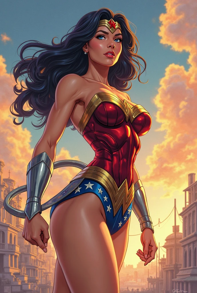 Realistic, Natural Beauty, Masterpiece, Back View Visible, Full Body View Visible, Hailee Steinfeld, Perfectly Accurate Face Proportion, Realistic Light Blue Eyes, Thick Eyebrows, Wonder Woman, Wonder Woman Tiara, Curve Wide Hips, Round Ass, Toned Thighs, Toned Arms, Grin On Her Face, In a slightly crouched position, the tight suit stretches over Wonder Woman's muscular form, accentuating the shape of her buttocks. Her stance, with one leg slightly forward, highlights the defined curves and the fit of her costume, emphasizing her readiness for action