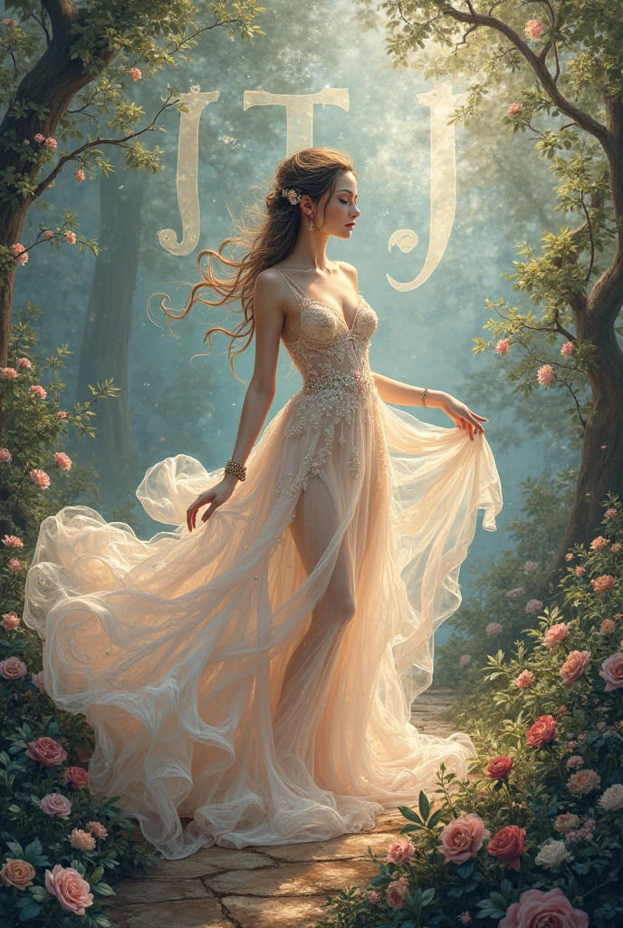 Beautiful woman in vey long translucent satin dress,dreamy background