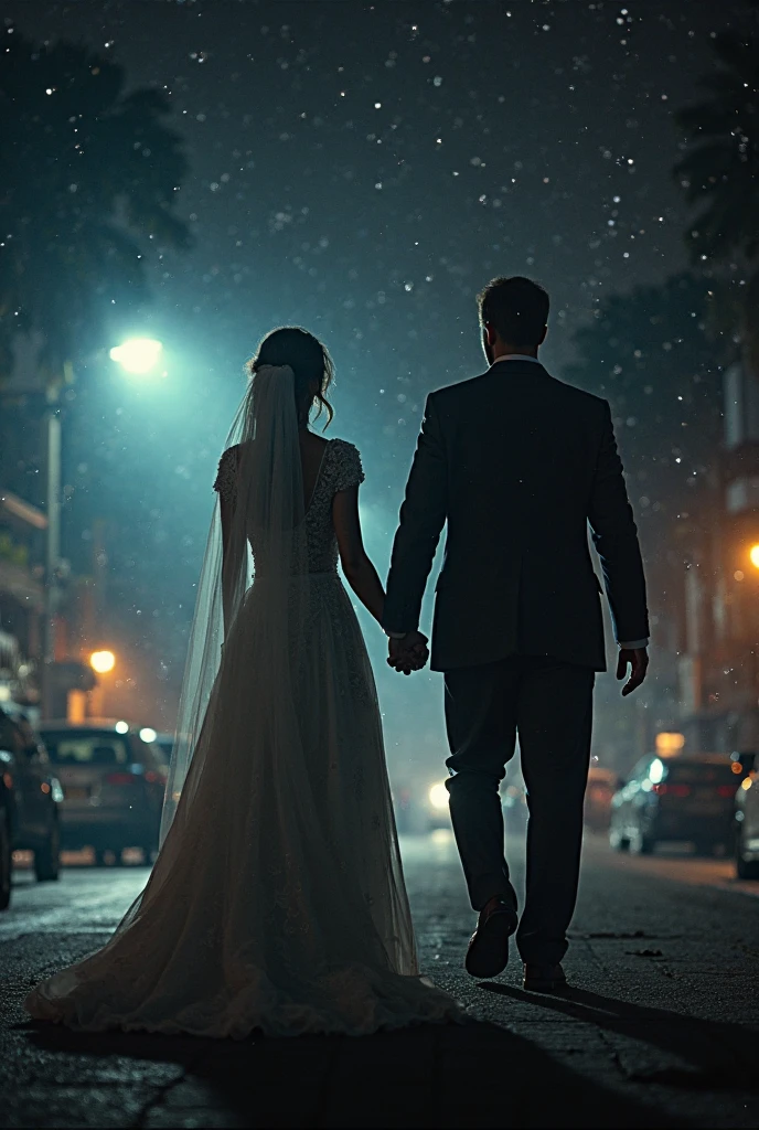 a beautiful man and woman couple, bride and groom walking away from camera, from behind, woman with long hair, blonde hair, man with dark hair, woman, holding wedding posy on a snowy bond street on winters evening, high heels, dramatic light , Rembrandt lighting scheme, (hyperrealism:1.2), (photorealistic:1.2), shot with Canon EOS 5D Mark IV, detailed face, detailed hair